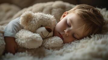 AI generated A little one fast asleep, clutching their favorite stuffed animal in a peaceful slumber photo