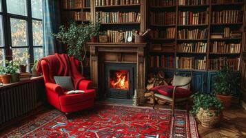 AI generated A cozy fireplace corner in the library, inviting visitors to curl up with a book on chilly days photo