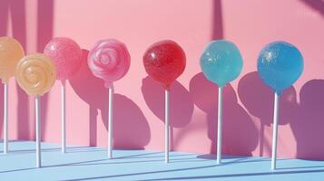 AI generated Playful arrangement of assorted lollipops, casting playful shadows on a pastel backdrop photo