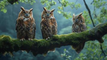 AI generated Wise old owls perched on moss-covered tree branches, observing the world with knowing eyes photo