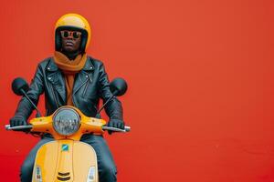 AI generated A young guy on a yellow scooter in a yellow helmet and a black leather jacket is on the left against a bright red minimalistic background photo