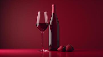 ai generado un vino vaso y botella de vino en un rojo antecedentes foto