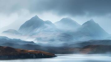 AI generated The rugged beauty of the Scottish Highlands, with mist-shrouded mountains and shimmering lochs stretching photo