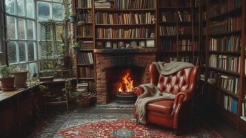 AI generated A cozy fireplace corner in the library, inviting visitors to curl up with a book on chilly days photo