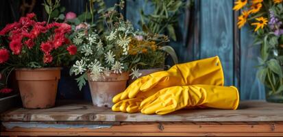 ai generado amarillo caucho guantes apilado en parte superior de en conserva flores foto