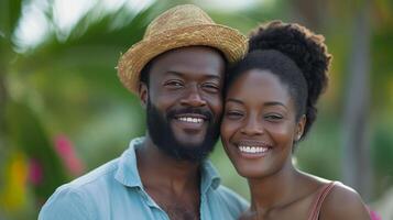 ai generado radiante con felicidad, el negro de pareja infeccioso sonrisas ligero arriba el marco. grande copyspace zona foto