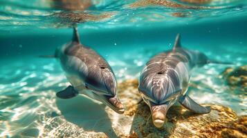 ai generado curioso delfines graciosamente nadando en claro como el cristal Oceano aguas, su pulcro cuerpos deslizamiento sin esfuerzo foto