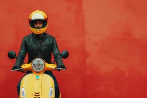 ai generado un joven chico en un amarillo scooter en un amarillo casco y un negro cuero chaqueta es en el izquierda en contra un brillante rojo minimalista antecedentes foto