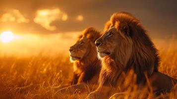 ai generado majestuoso leones tomando el sol en el dorado sabana sol, exudando fuerza y gracia foto