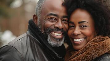 AI generated Beaming with happiness, the Black couple's infectious smiles light up the frame. large copyspace area photo