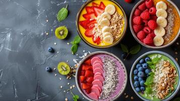 AI generated Smoothie bowls adorned with nutritious toppings, appealing to health-conscious individuals photo