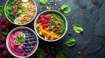 AI generated Smoothie bowls adorned with nutritious toppings, appealing to health-conscious individuals photo