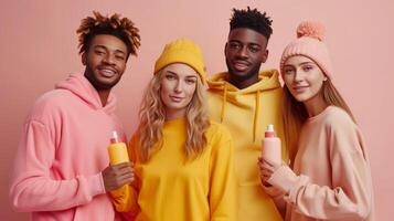 AI generated Social media influencers posing with branded products in lifestyle shots photo