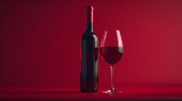 ai generado botella y vaso de rojo vino en un rojo antecedentes foto