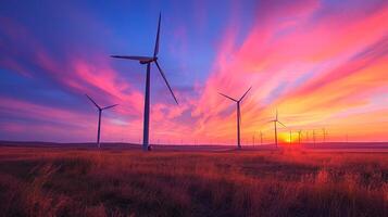AI generated Wind turbines gracefully turning against a vibrant sunset backdrop, harnessing renewable energy photo