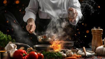 AI generated A detailed capture of a chef passionately cooking, with ingredients and kitchen utensils in motion photo