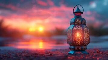 AI Generated Ornamental Arabic Lantern With Burning Candle During Muslim Holy Month Ramadan Kareem photo