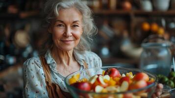 AI Generated An elderly woman eating healthy at home with an apple and fruit salad. A mature woman enjoying her food and cooking in her own home. photo