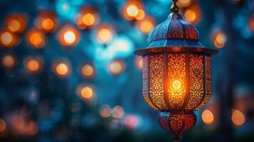 AI Generated Id ul Fitr - Ramadan Kareem - Moon And Arabian Lantern In The Night With Abstract Defocused Lights photo