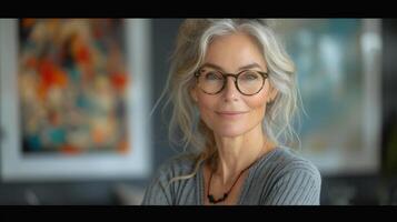 AI Generated Senior businesswoman, a middle-aged woman with yellow hair and gray eyes standing at her home office looking at the camera with her arms crossed. photo