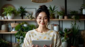 ai generado en esta imagen nosotros ver un joven asiático mujer, un empresa trabajador en anteojos, sonriente y participación un digital tableta. el imagen es desplegado terminado un blanco antecedentes. foto