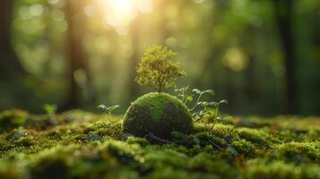 AI Generated Green Globe In Forest With Moss And Defocused Abstract Sunlight - Earth Day photo