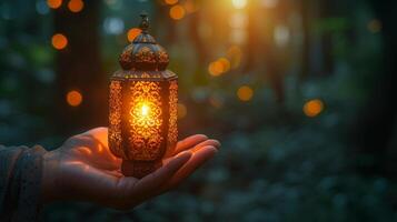 AI Generated An ornamental Arabic lantern with a burning candle in hand in celebration of Ramadan Kareem. This greeting card is a festive invitation to celebrate this holy month for Muslims. photo