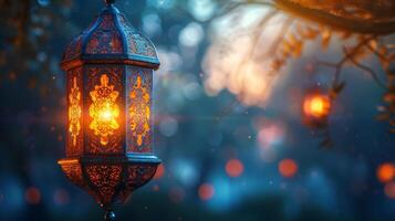 AI Generated 'Ramadan' and 'Eid al fitr' 2024 backgrounds with traditional Turkish lanterns and Tasbeeh, light blue colour Iftar theme, 'Ramadan Kareem Mubarak' 3D background photo