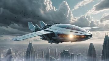 AI generated Futuristic spaceship flying over the city video