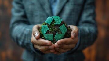 AI Generated An icon of the circular economy holds a businessman holding the circular economy concept for future growth and environmental sustainability. photo