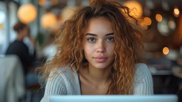 AI Generated Young Stylish Female with Curly Hair Working on Laptop Computer in Marketing Agency. Colleagues Working in Background. Beautiful Middle Eastern Manager Sitting at Desk in Creative Office. photo