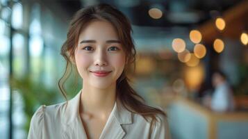 AI Generated A smiling Asian business woman holding a digital tablet, welcoming a client in an office. An executive manager or secretary offering professional business services with a digital tablet. photo