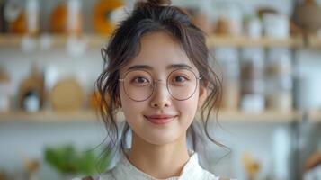 AI Generated Standing over white background, a young Asian woman in glasses smiles and holds a digital tablet as she stands over a white background photo