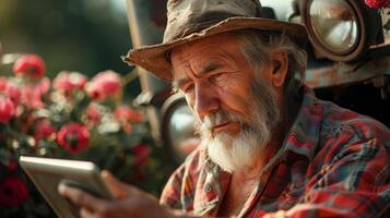 AI Generated On a sunny day, an older farmer sits in a tractor using a tablet computer photo