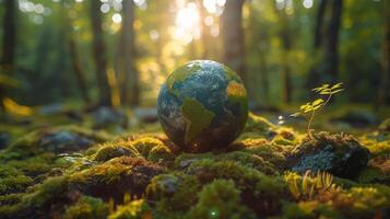 ai generado el ambiente es mostrado en esta imagen con un verde globo rodeado por musgo y desenfocado resumen luz de sol para tierra día foto