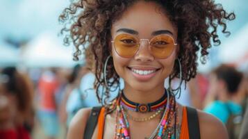 AI Generated In a music festival, an African American girl texting with her friends is using a smartphone. photo