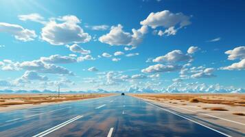 AI Generated An abstract background is used for this 3D rendered road with lines and clouds. This graphic illustrates a realistic 3D road with a car background isolated in the foreground. photo