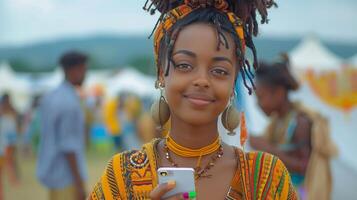 AI Generated A young African American girl texts with her friends at a music festival while using her smartphone. photo