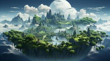 ai generado 3d ilustración de volador tierra con hermosa paisaje en un flotante isla con montañas, árboles, y animales foto