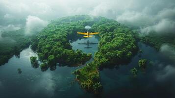 AI Generated 3d simulation of dense rainforest vegetation with lakes in a shape of world continents, clouds, and one small yellow airplane. Sustainable habitat world concept. photo