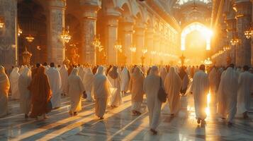 AI Generated During the Hajj, Muslim people are praying in Mecca, Saudi Arabia, August 13, 2018 photo