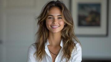 ai generado estudiante morena sonriente con confianza con manos doblada, en blanco fondo, en blanco abotonarse camisa foto