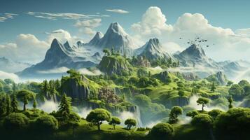 AI Generated 3D illustration of fantasy floating island surface with mountains, trees, and animals on green grass isolated with clouds, 3D illustration of flying land with beautiful landscape on white photo