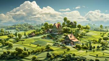 AI Generated Isolated green farm illustration with a cutaway piece of land and clouds. Isometric farmland illustration with crops. photo