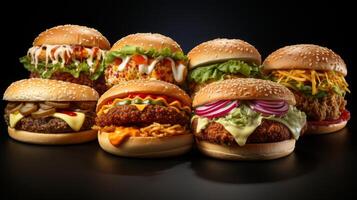 AI Generated This collection of fast food dishes is isolated on a white background. It includes burgers, meats, shawarma, sandwiches, pizzas, tacos, chicken nuggets, hotdogs, and taco shells. photo