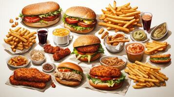 AI Generated An all you can eat fast food collection set, isolated on a white background. Fried chicken, fries, hamburger, turkey, hotdog, sandwich, chicken nuggets, shawarma. Junk food of the Fast photo