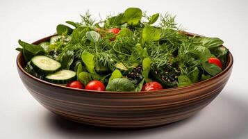 AI Generated A white background is used to illustrate a salad bowl with spinach, cherry tomatoes, lettuce, cucumber, and many other vegetables. photo