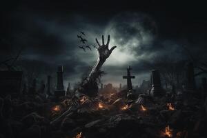 AI Generated Halloween Concept. A zombie hand rising from the ground photo