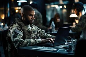 AI Generated Portrait of a young military man using a laptop photo