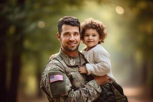 ai generado contento reunión de un soldado con su niño foto